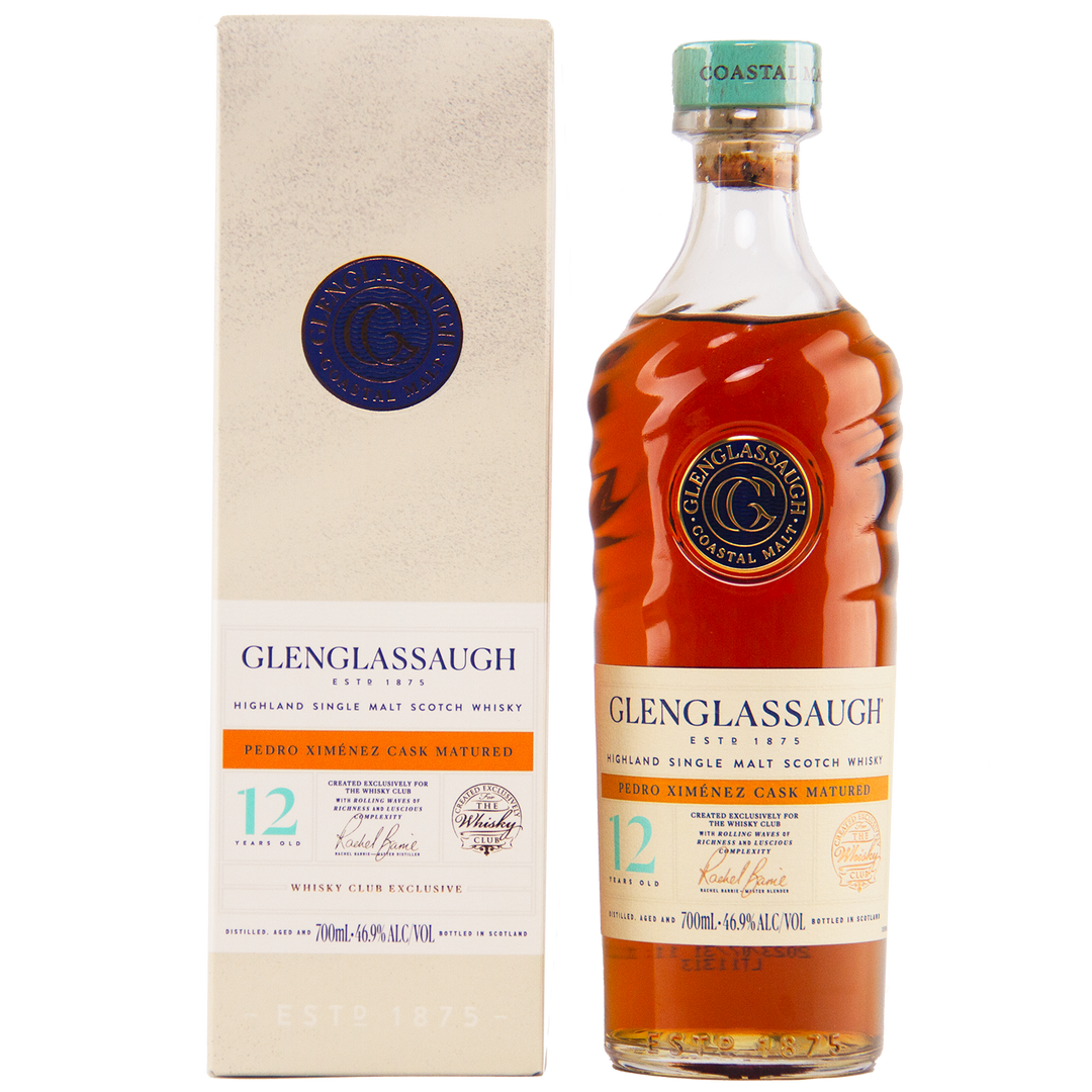 A bottle of Glenglassaugh 12 Year Old Pedro Ximénez Cask Matured Single Malt Scotch Whisky sits beside its cream-colored box, featuring amber liquid, a gold cap, and a blue-gold label that reflects Glenglassaugh's refined style.