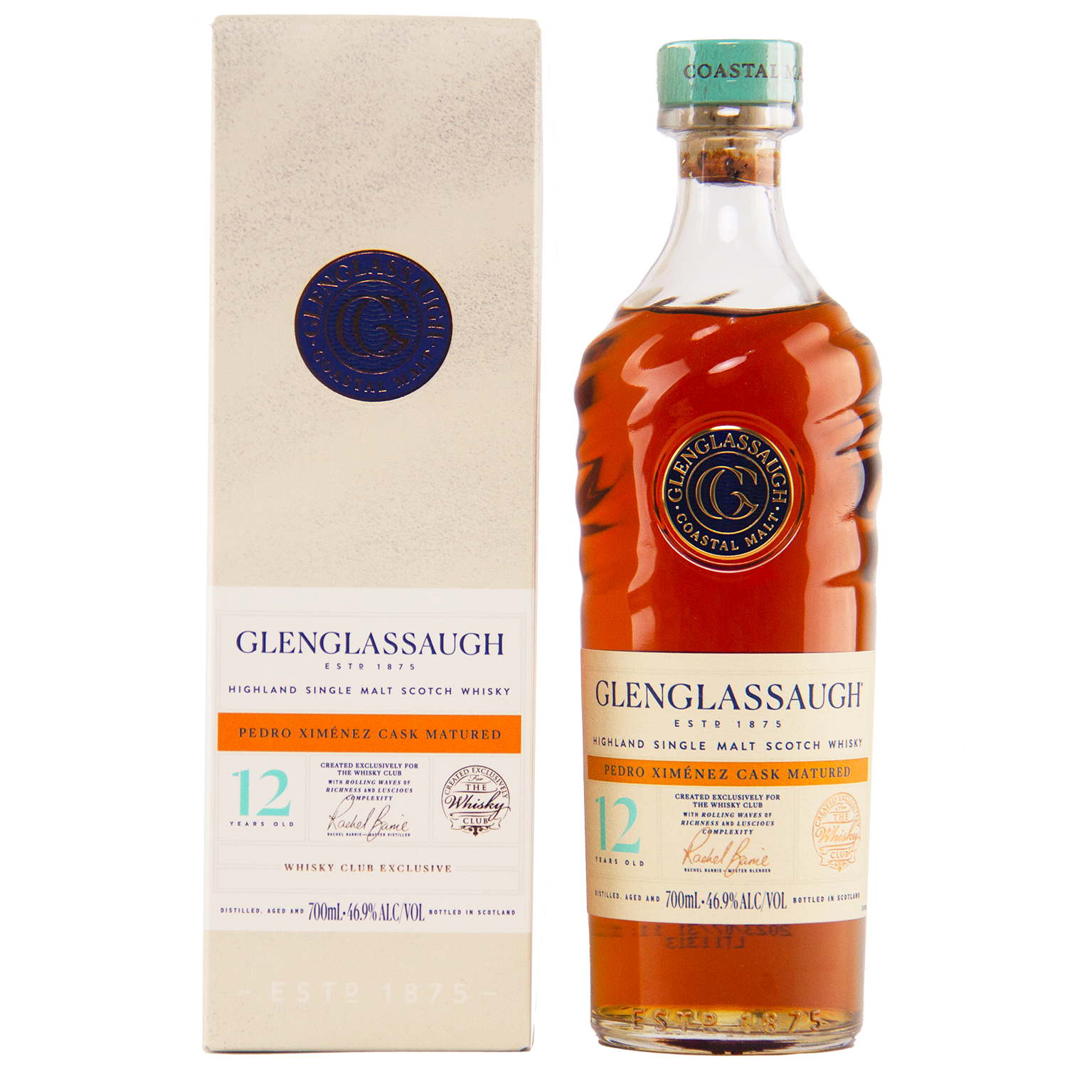 A bottle of Glenglassaugh 12 Year Old Pedro Ximénez Cask Matured Single Malt Scotch Whisky sits beside its cream-colored box, featuring amber liquid, a gold cap, and a blue-gold label that reflects Glenglassaugh's refined style.