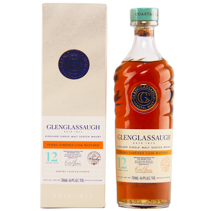 A bottle of Glenglassaugh 12 Year Old Pedro Ximénez Cask Matured Single Malt Scotch Whisky sits beside its cream-colored box, featuring amber liquid, a gold cap, and a blue-gold label that reflects Glenglassaugh's refined style.