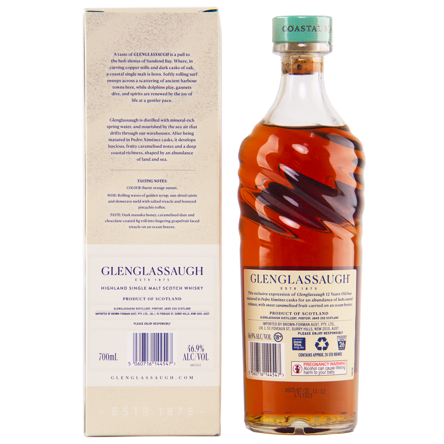 A bottle of Glenglassaugh 12 Year Old Pedro Ximénez Cask Matured Single Malt Scotch Whisky, featuring an amber liquid and green cap, is displayed alongside its beige box with detailed labeling and tasting notes.