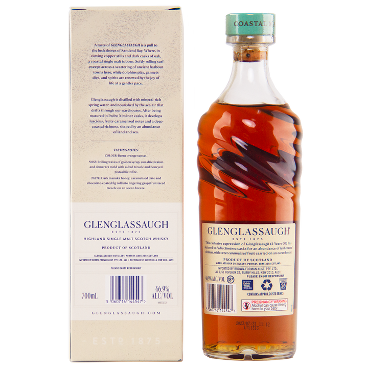 A bottle of Glenglassaugh 12 Year Old Pedro Ximénez Cask Matured Single Malt Scotch Whisky, featuring an amber liquid and green cap, is displayed alongside its beige box with detailed labeling and tasting notes.