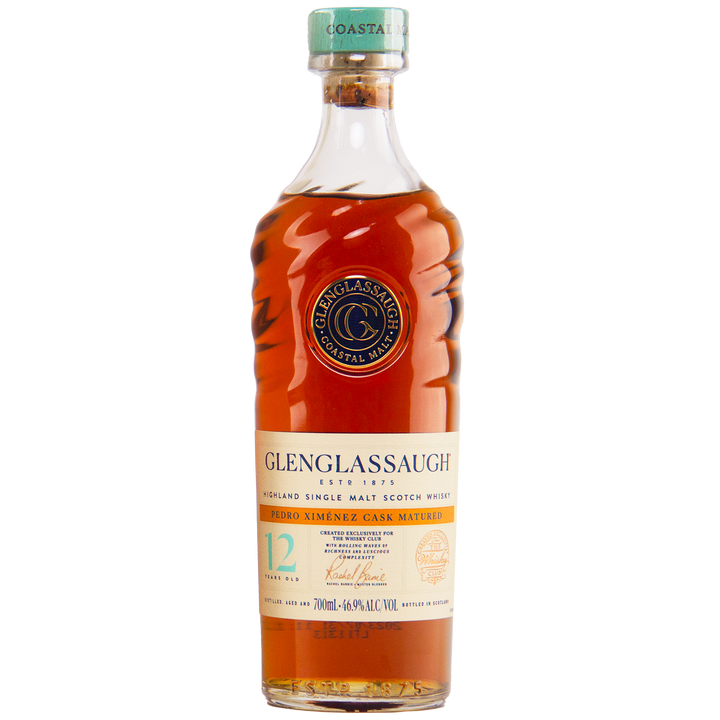 Glenglassaugh 12 Year Old Pedro Ximénez Cask Matured Single Malt Scotch Whisky is a Highland single malt with amber liquid, presented in a clear glass bottle with detailed labels.