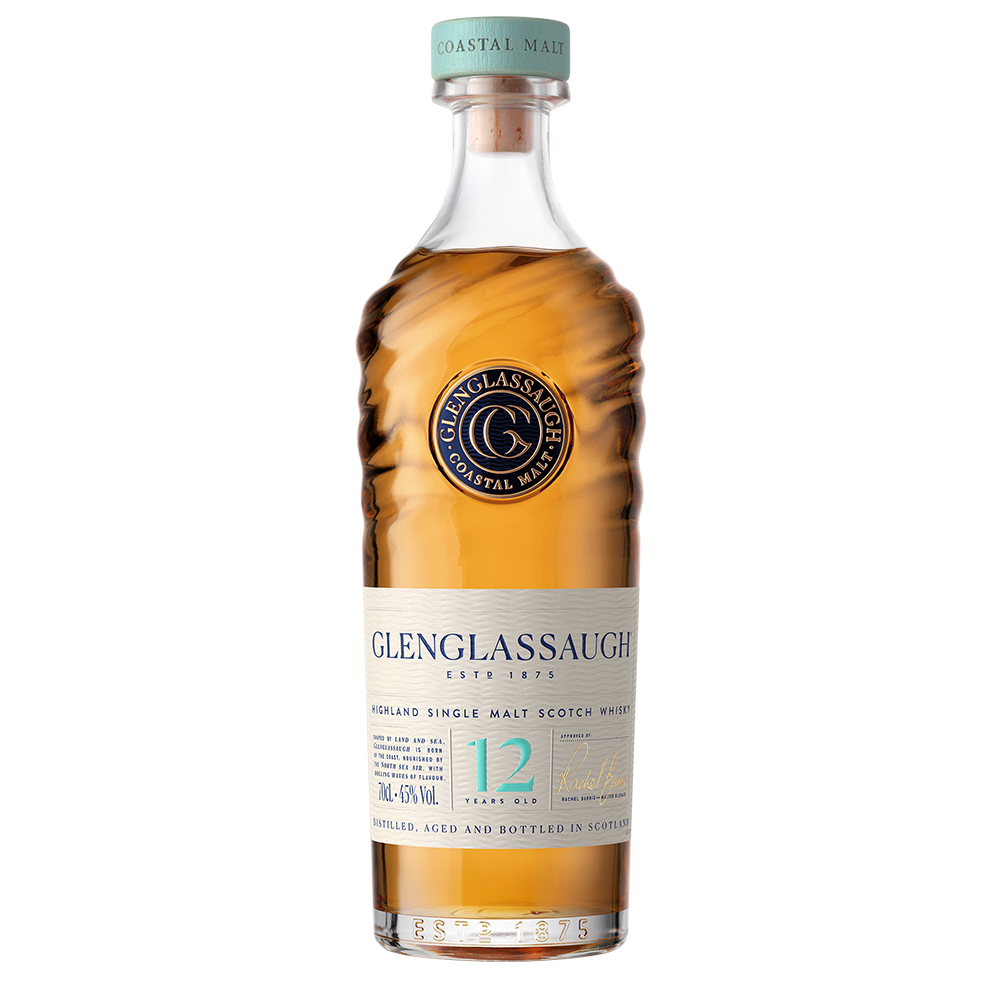 A bottle of Glenglassaugh 12 Year Old Single Malt Scotch Whisky with a wavy, clear glass design, tan label with blue and gold accents, and a cork stopper featuring a blue "Coastal Malt" band—evoking coastal whisky.