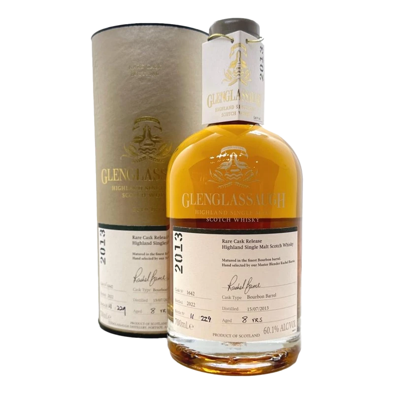 A bottle of Glenglassaugh 8 Year Old 2013 Release Single Malt Scotch Whisky stands before its cylindrical packaging, highlighting coastal character and bourbon barrel maturation with a robust 60.1% ABV.