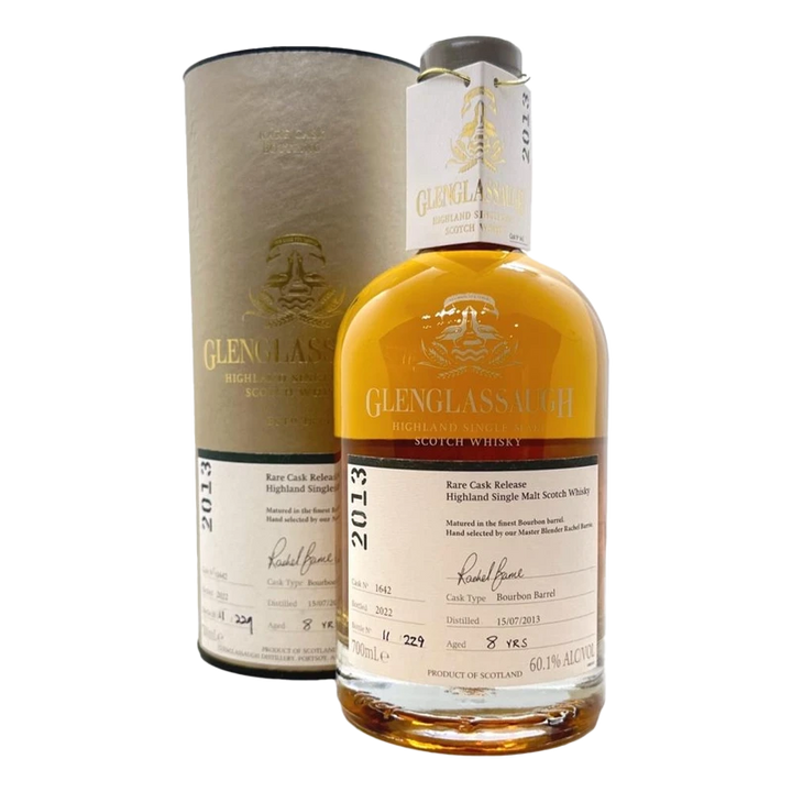 A bottle of Glenglassaugh 8 Year Old 2013 Release Single Malt Scotch Whisky stands before its cylindrical packaging, highlighting coastal character and bourbon barrel maturation with a robust 60.1% ABV.