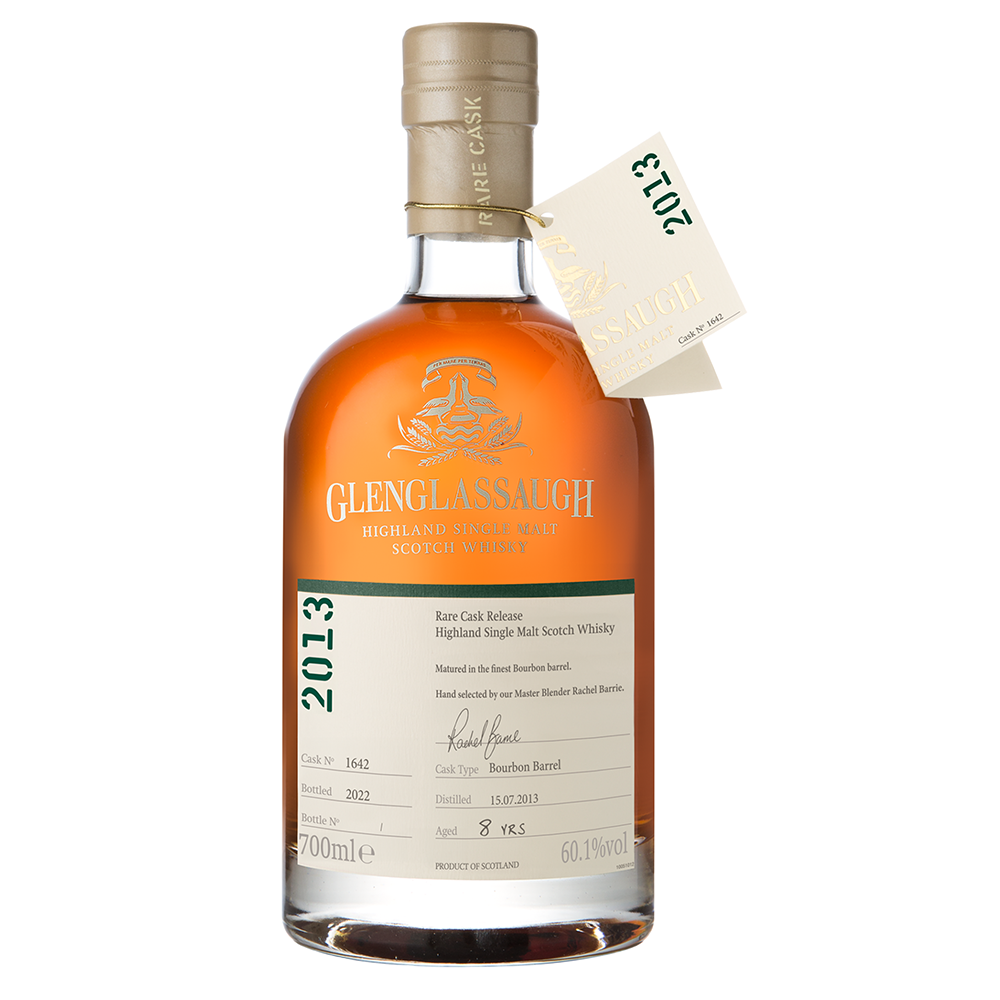 A bottle of Glenglassaugh 8 Year Old 2013 release Single Malt Scotch Whisky, a limited edition single cask with golden amber hue, gold foil neck, cream tag, and the distillery's signature coastal character.