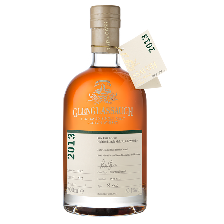 A bottle of Glenglassaugh 8 Year Old 2013 release Single Malt Scotch Whisky, a limited edition single cask with golden amber hue, gold foil neck, cream tag, and the distillery's signature coastal character.