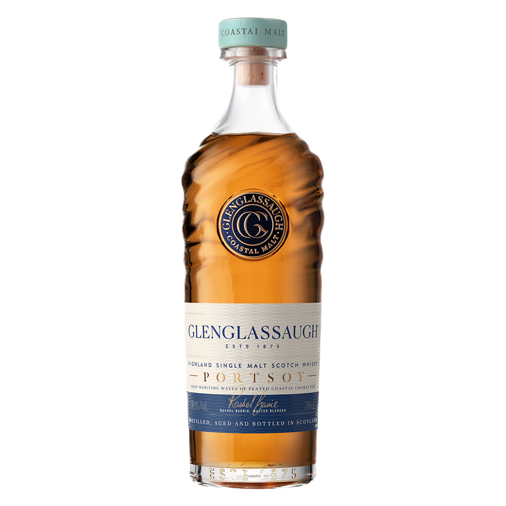 A bottle of Glenglassaugh Portsoy Single Malt Scotch Whisky features light brown liquid, an embossed logo, and a blue-and-white label. A clear stopper and blue "Coastal Malt" band reflect this maritime whisky’s distinctive character.