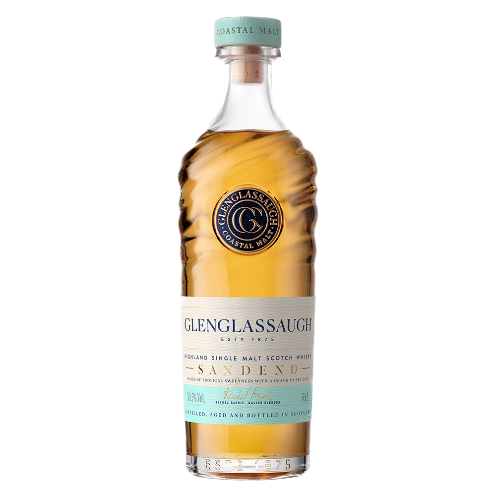 A bottle of Glenglassaugh Sandend Single Malt Scotch Whisky with wavy-textured glass, a gold liquid, blue cap, and cream and blue labels displaying the brand name and single malt scotch whisky details.