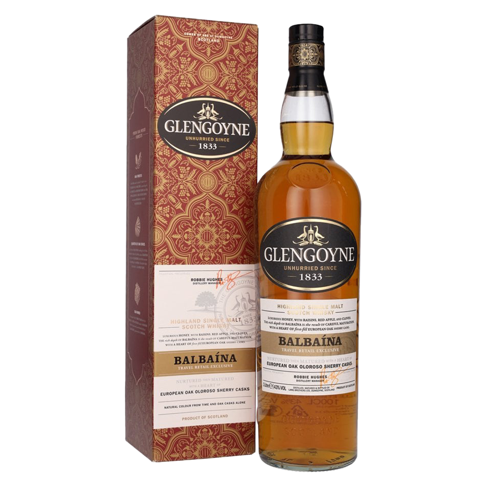A bottle of Glengoyne Balbaina Single Malt Scotch Whisky is displayed beside its ornate red and gold box, which features decorative patterns and highlights maturation in European oak oloroso sherry casks.
