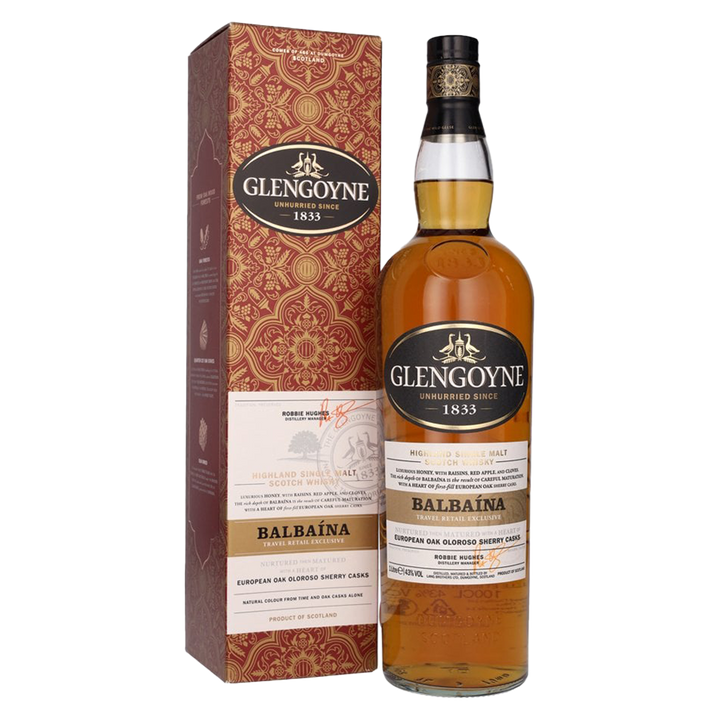 A bottle of Glengoyne Balbaina Single Malt Scotch Whisky is displayed beside its ornate red and gold box, which features decorative patterns and highlights maturation in European oak oloroso sherry casks.