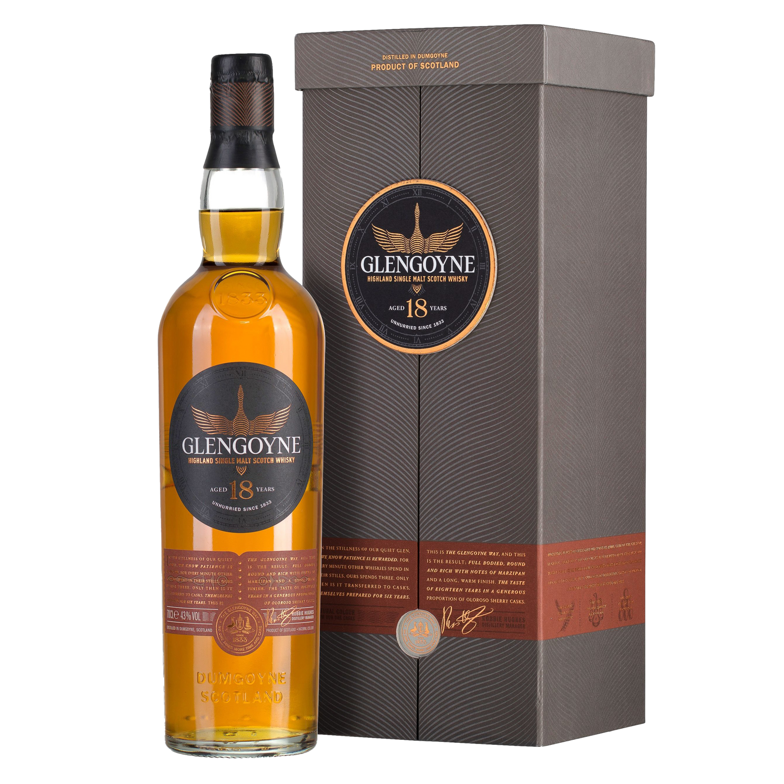 A bottle of Glengoyne 18 Year Old Single Malt Whisky stands beside its grey and copper-toned box, both displaying the Glengoyne logo and details, emphasizing its celebrated sherry cask maturation.