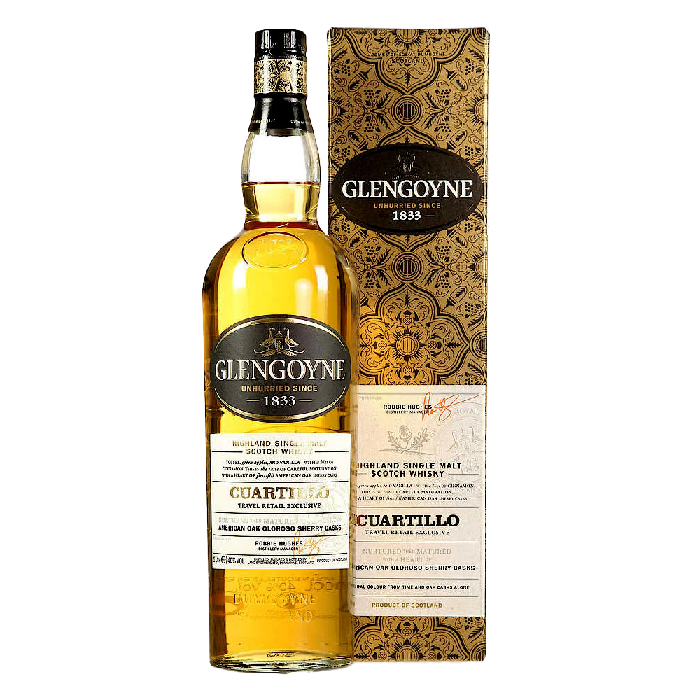 A bottle of Glengoyne Cuartillo Single Malt Scotch Whisky stands in front of its ornate gold and white box, both featuring detailed labels and elegant branding.