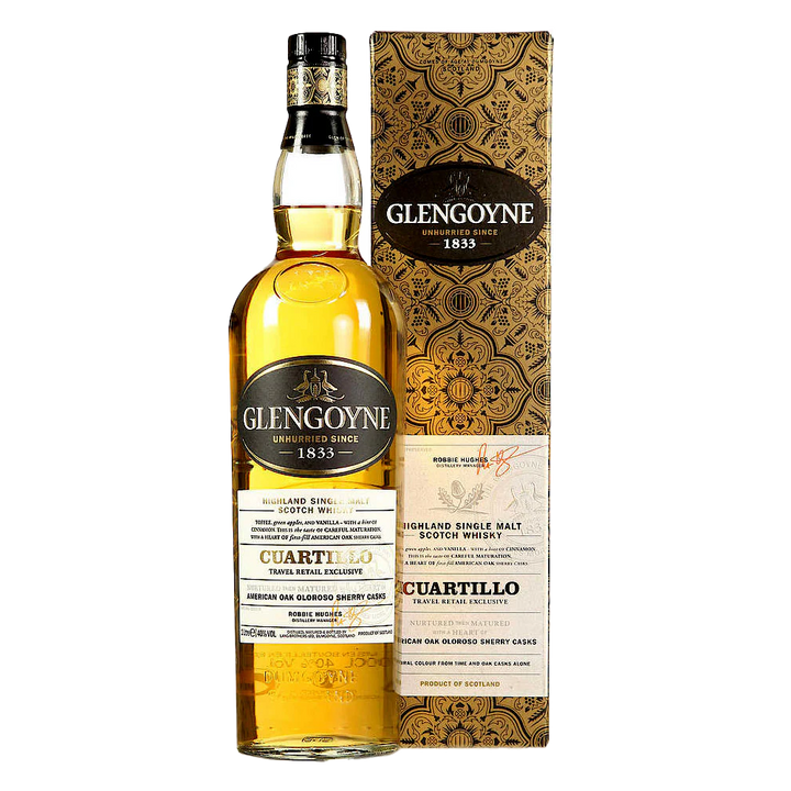 A bottle of Glengoyne Cuartillo Single Malt Scotch Whisky stands in front of its ornate gold and white box, both featuring detailed labels and elegant branding.