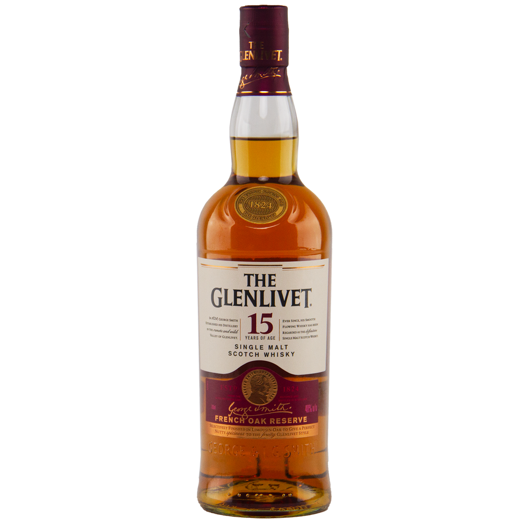 A bottle of Glenlivet 15 Year Old Single Malt Whisky, featuring a cream and gold label with maroon accents plus a gold foil neck seal, from the French oak reserve collection.