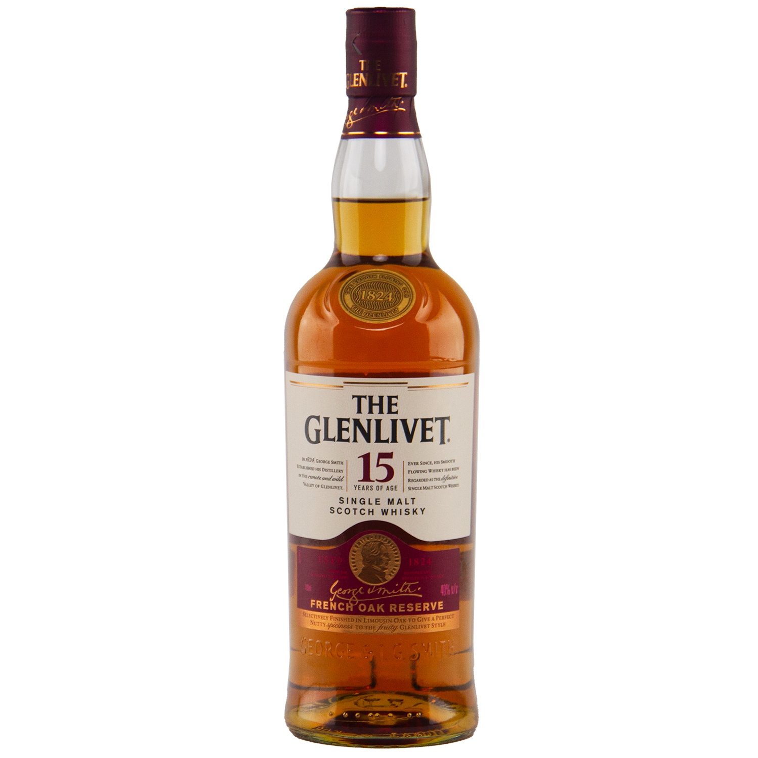 A bottle of Glenlivet 15 Year Old Single Malt Whisky, featuring a cream and gold label with maroon accents plus a gold foil neck seal, from the French oak reserve collection.