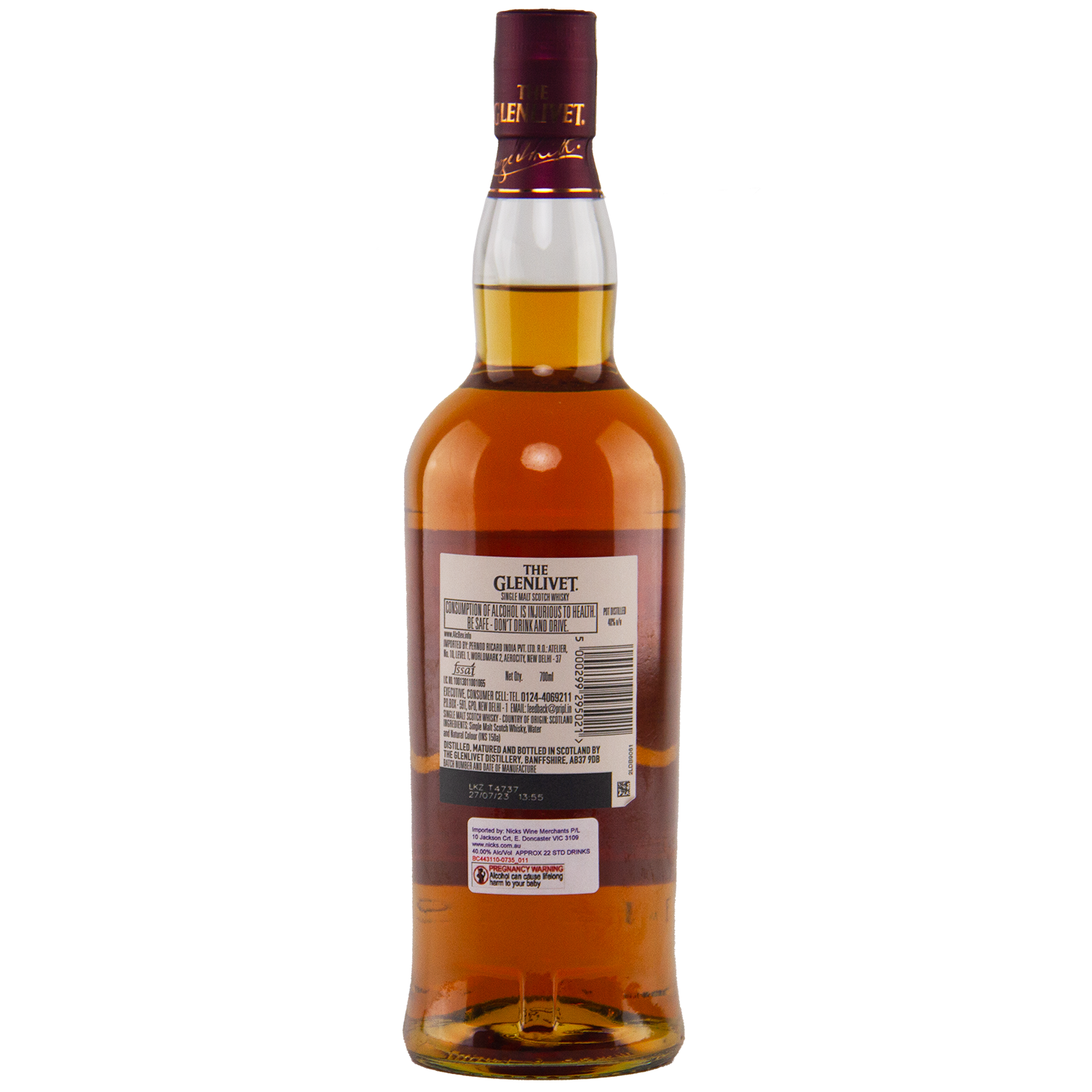 A bottle of Glenlivet 15 Year Old Single Malt Whisky is shown from the back on a white background, highlighting the label with product details and barcode.