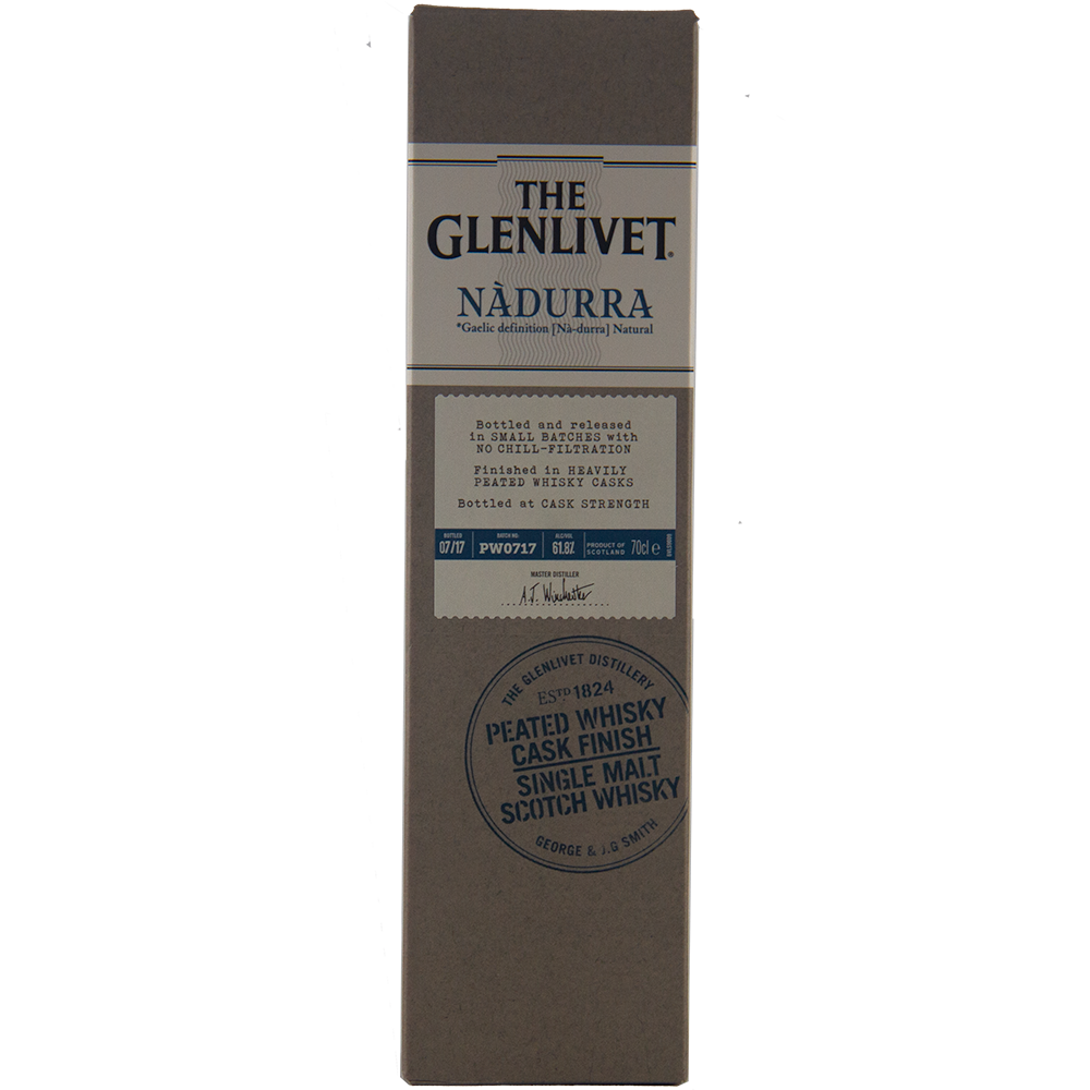 A rectangular box of Glenlivet Nadurra Peated Cask Finish single malt Scotch whisky, with gold and blue text on a beige background and a round blue stamp at the bottom.
