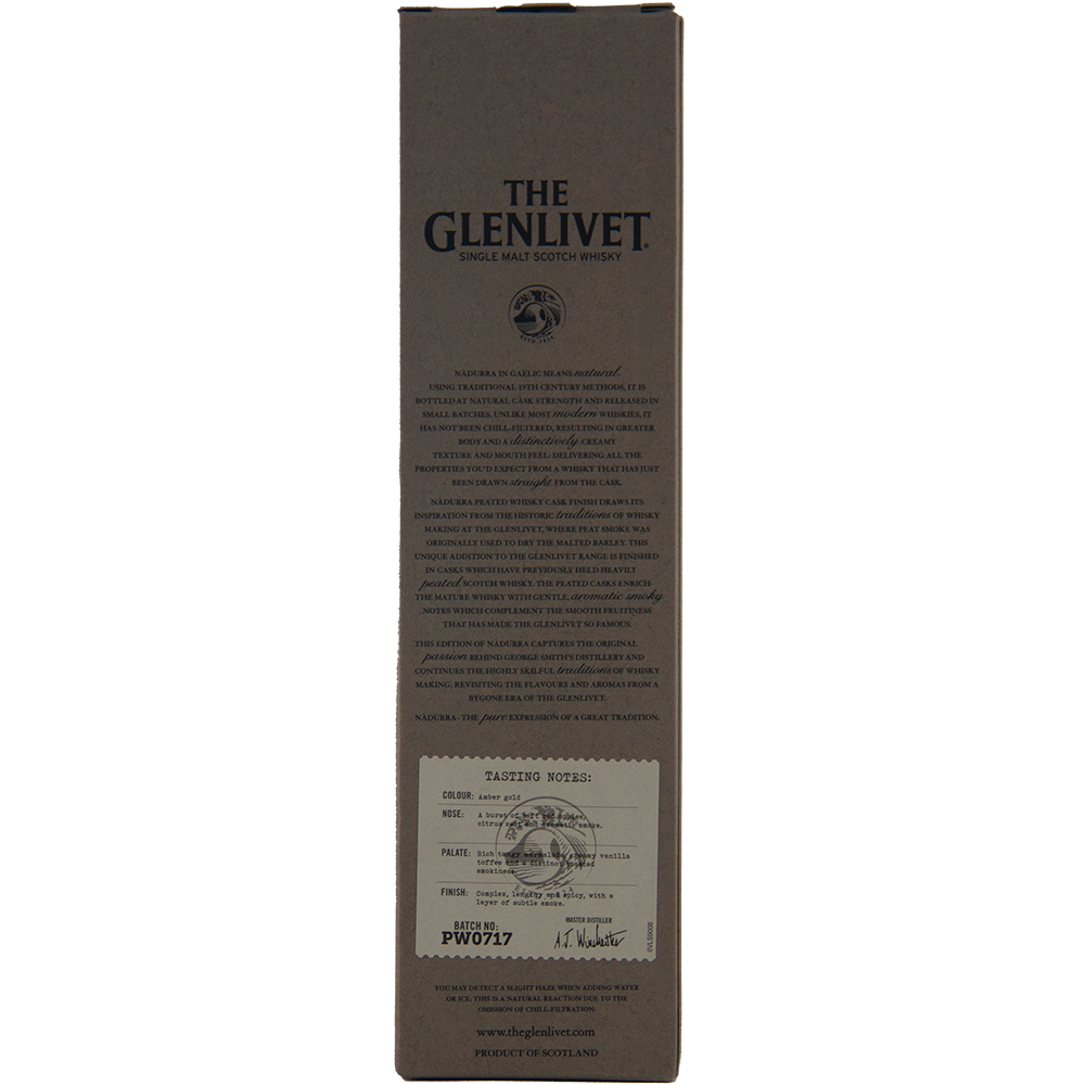 The back of a Glenlivet Nadurra Peated Cask Finish box features the brand logo, tasting notes, and website. The brown packaging with black text showcases this non-chill-filtered whisky’s unique character.