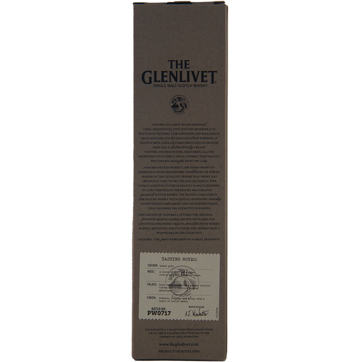 The back of a Glenlivet Nadurra Peated Cask Finish box features the brand logo, tasting notes, and website. The brown packaging with black text showcases this non-chill-filtered whisky’s unique character.