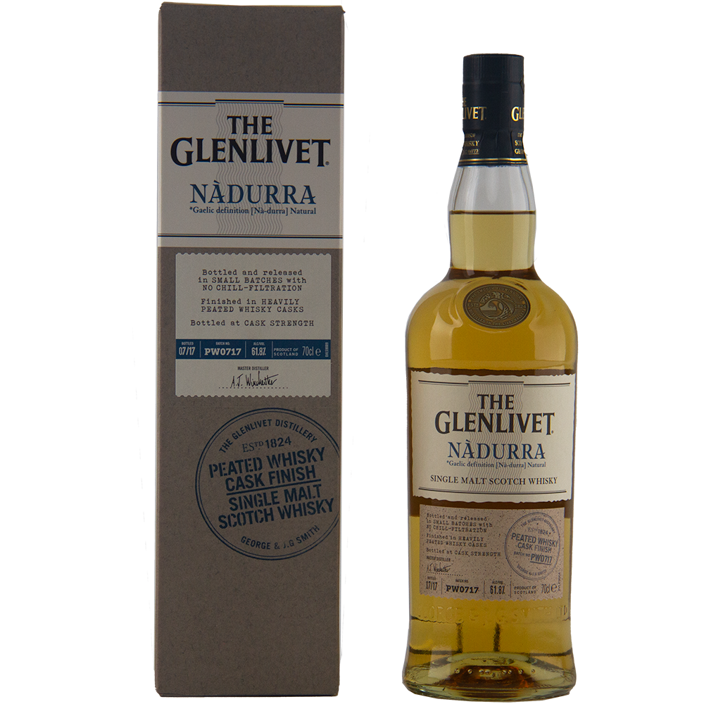 A bottle of Glenlivet Nadurra Peated Cask Finish single malt Scotch whisky stands beside its beige and gray box, both displaying the brand's logo and product details in dark blue and black. This non-chill-filtered whisky offers a peated finish.