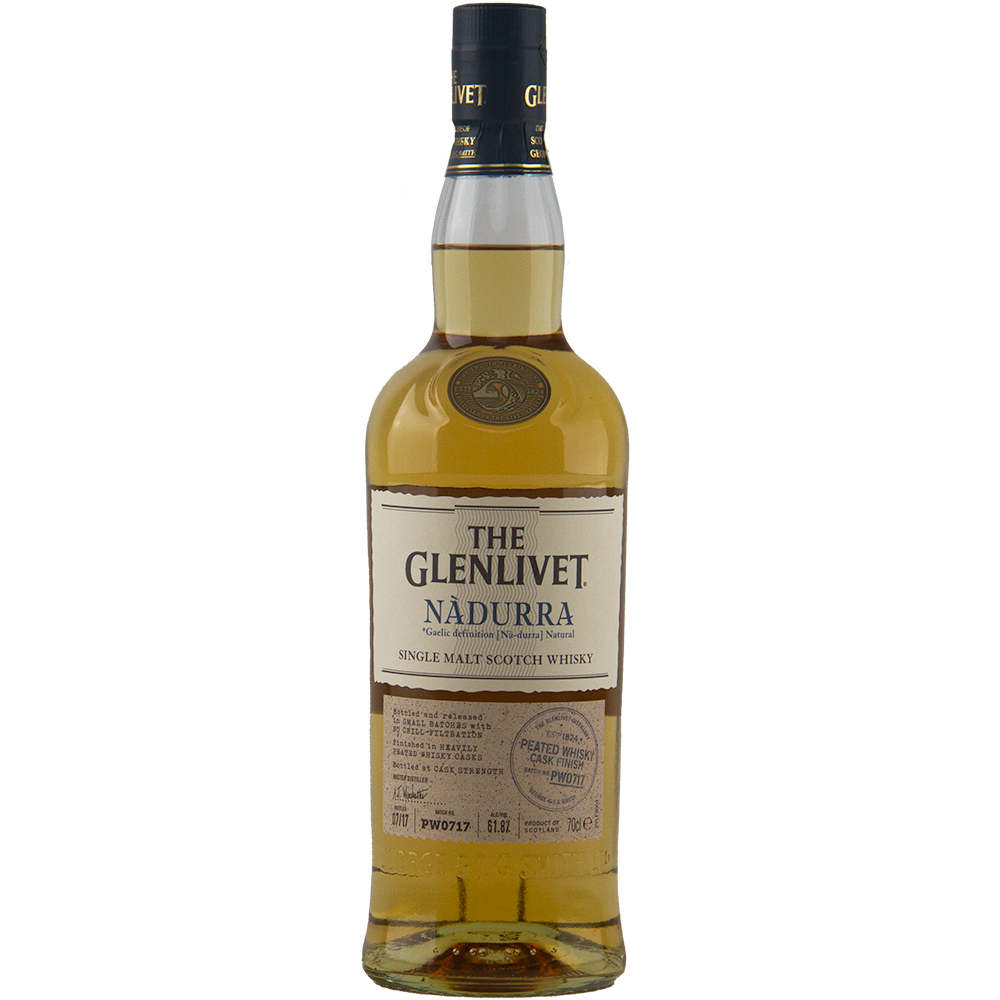 A bottle of Glenlivet Nadurra Peated Cask Finish single malt Scotch whisky with a cream label, gold accents, and dark cap is displayed against a plain white background.