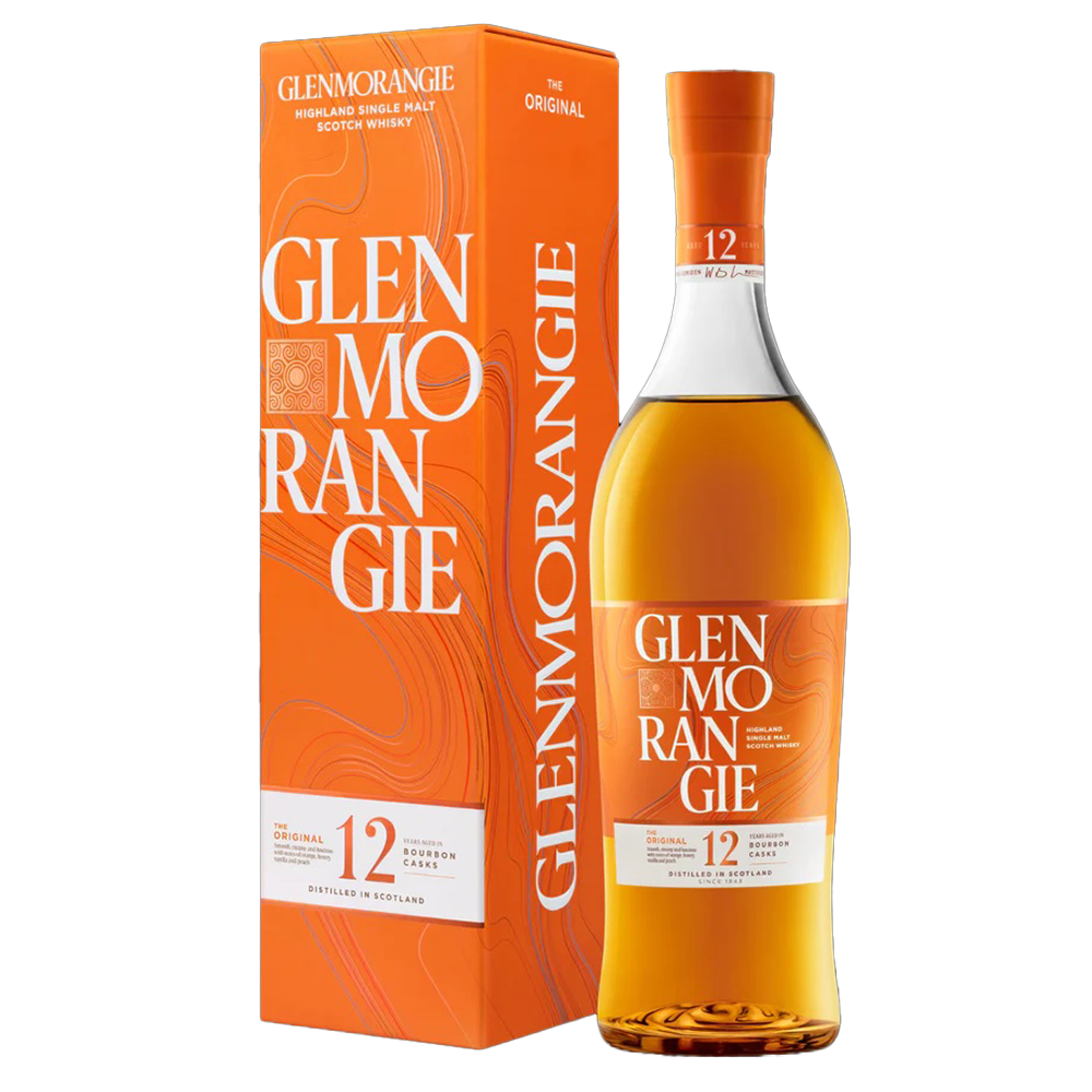 A bottle of Glenmorangie The Original 12 Year Old Single Malt Scotch Whisky stands beside its matching orange box, both adorned with bold white text and elegant swirl designs, highlighting its bourbon cask-matured character.