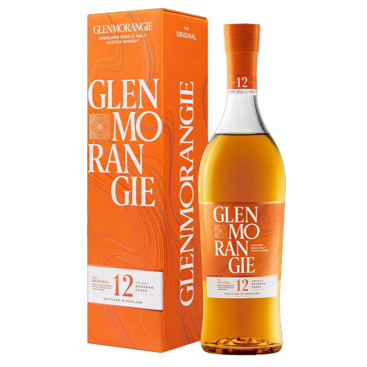 A bottle of Glenmorangie The Original 12 Year Old Single Malt Scotch Whisky stands beside its matching orange box, both adorned with bold white text and elegant swirl designs, highlighting its bourbon cask-matured character.