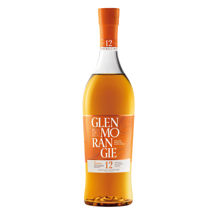 The Glenmorangie The Original 12 Year Old Single Malt Scotch Whisky Gift Pack includes a clear bottle with an orange label and cap, featuring white and gold text and amber whisky—perfect as a whisky gift set with glassware.