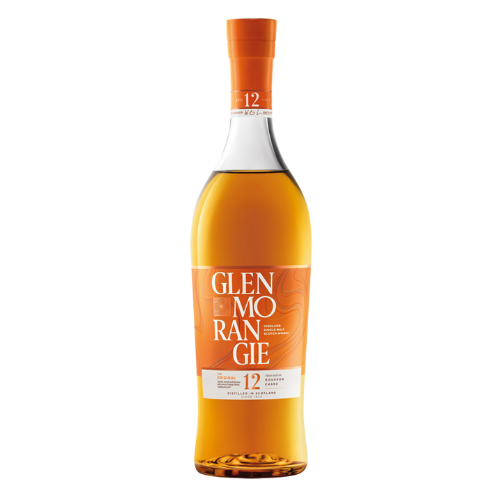 The Glenmorangie The Original 12 Year Old Single Malt Scotch Whisky Gift Pack includes a clear bottle with an orange label and cap, featuring white and gold text and amber whisky—perfect as a whisky gift set with glassware.