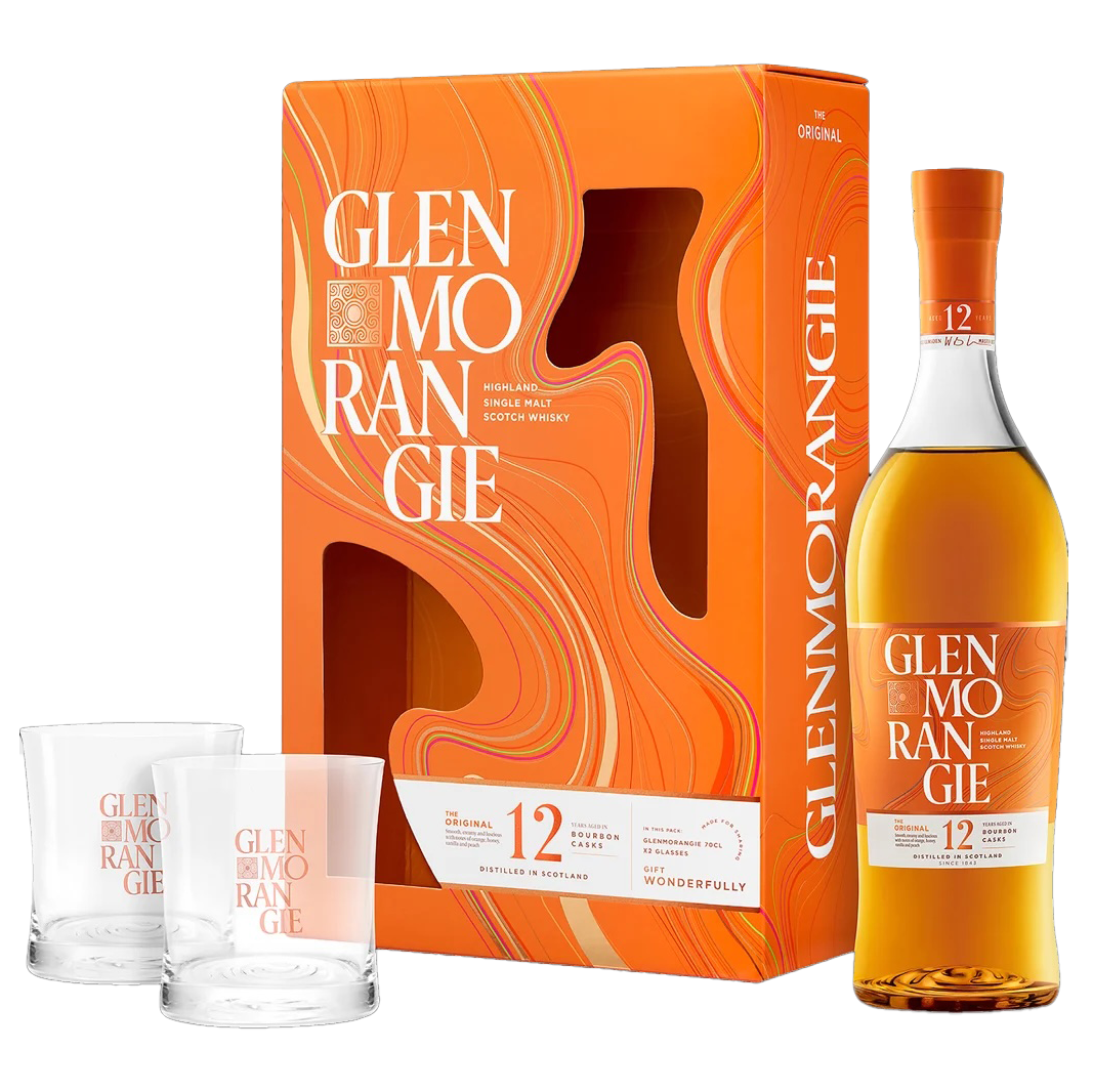 The Glenmorangie The Original 12 Year Old Single Malt Scotch Whisky Gift Pack with Glassware includes a premium bottle and two branded glasses in a vibrant orange box featuring bold white and orange swirling designs.