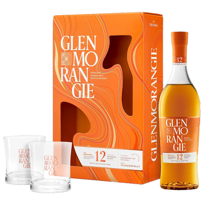 The Glenmorangie The Original 12 Year Old Single Malt Scotch Whisky Gift Pack with Glassware includes a premium bottle and two branded glasses in a vibrant orange box featuring bold white and orange swirling designs.