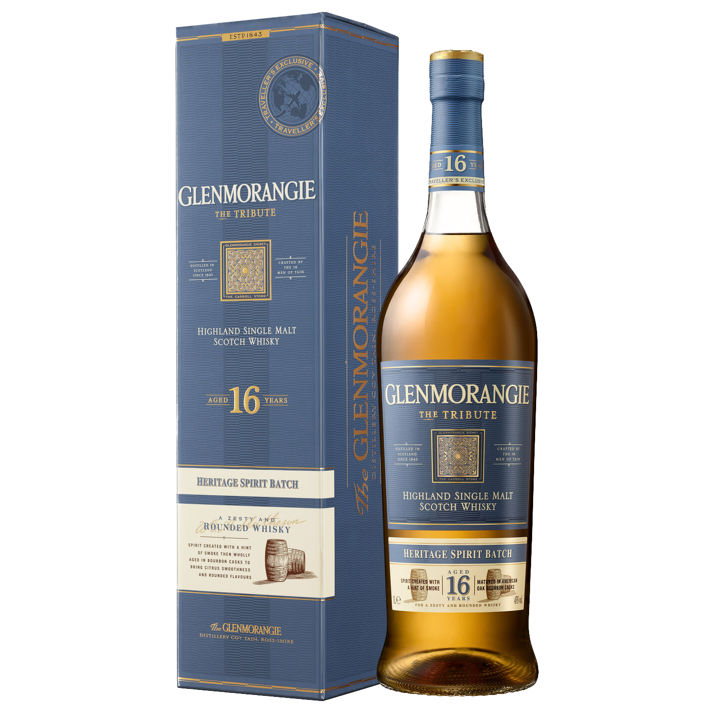 A bottle of Glenmorangie 16 Year Old Tribute Single Malt Scotch Whisky stands beside its blue and gold box, both showcasing detailed branding and product info, matured exclusively in ex-bourbon casks.