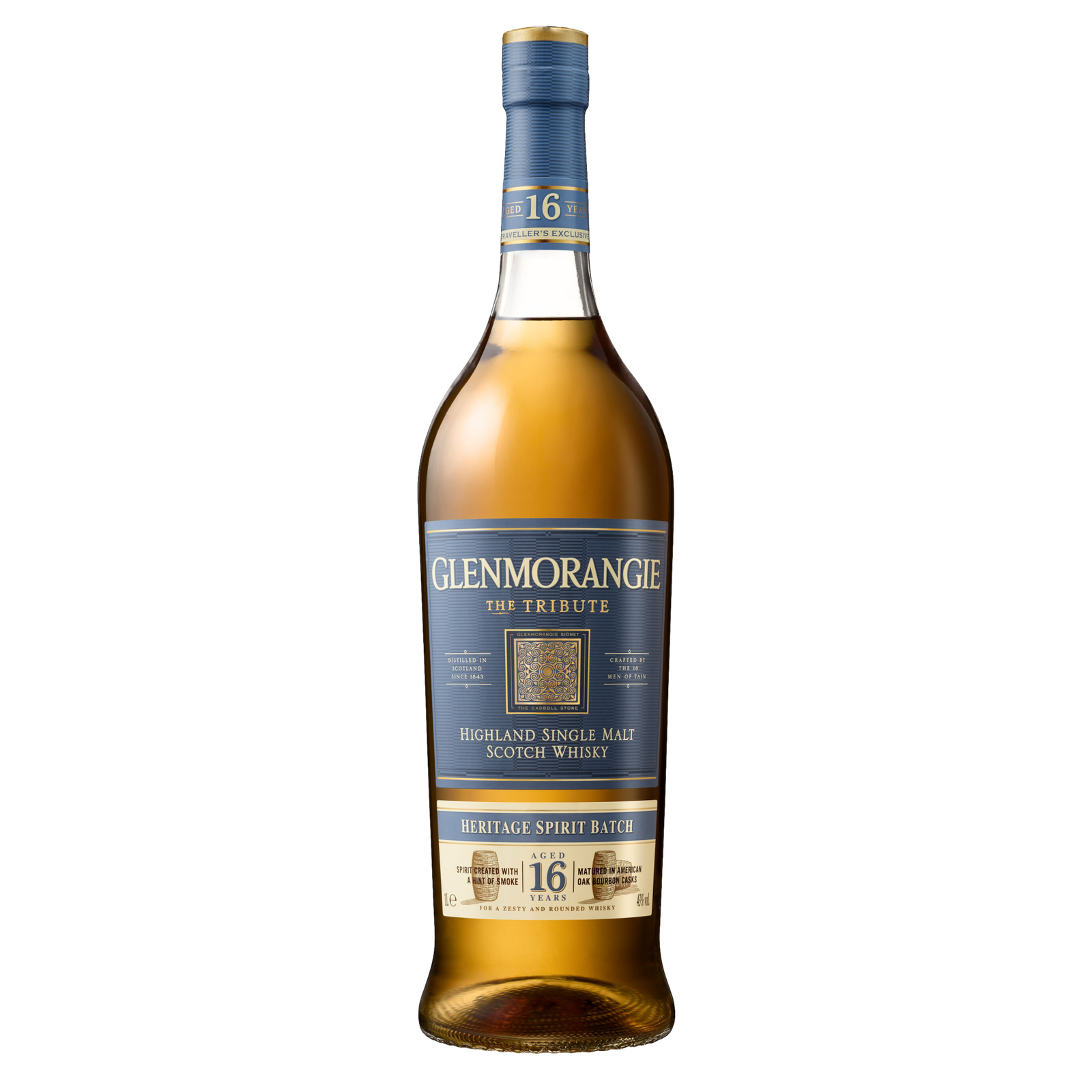 A bottle of Glenmorangie 16 Year Old Tribute Single Malt Scotch Whisky with a blue and gold label stands upright on a white background.