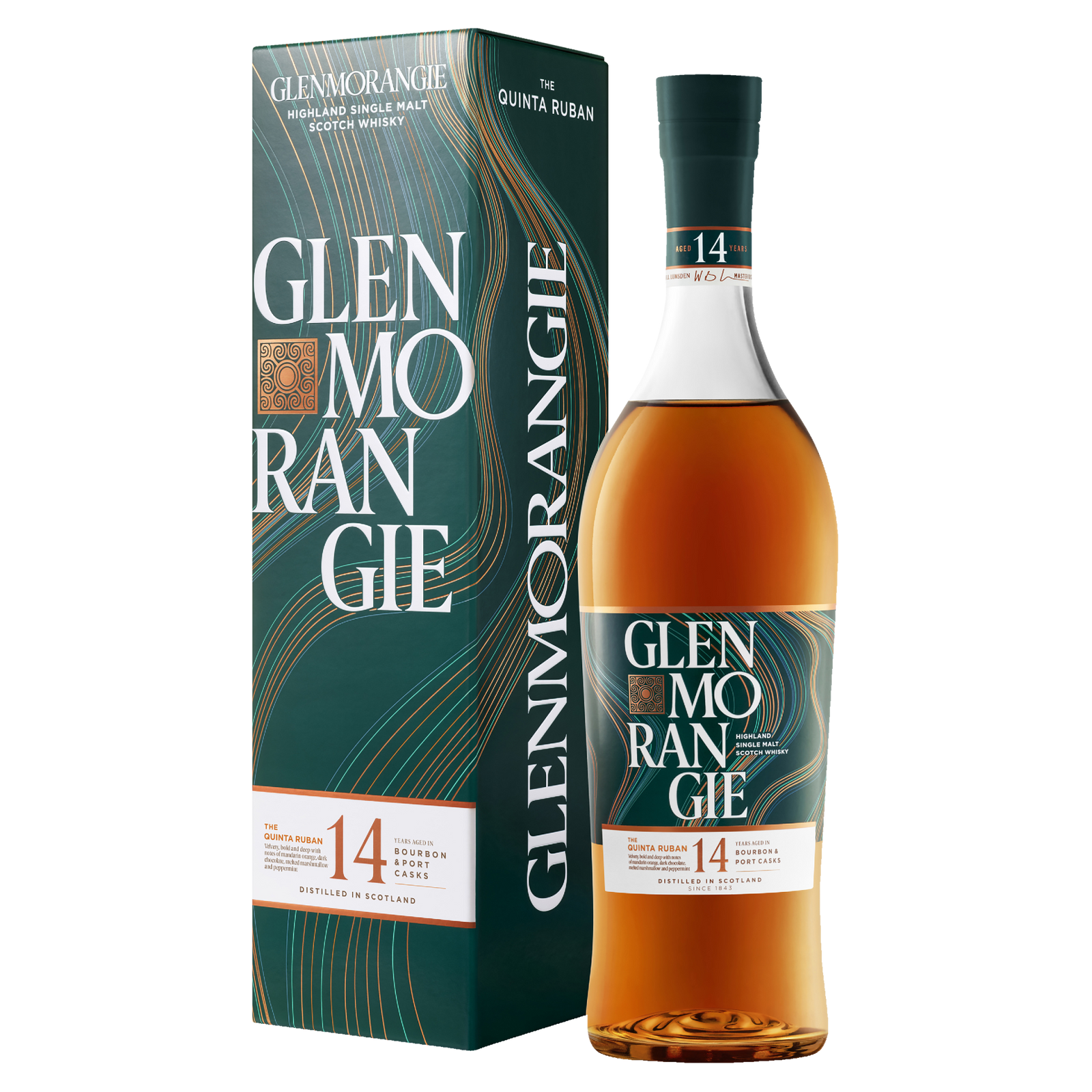 A bottle of Glenmorangie 14 Year Old Quinta Ruban Single Malt Scotch Whisky stands beside its teal and orange box, both labeled “The Quinta Ruban.” This Port cask finished Scotch displays a rich amber color.