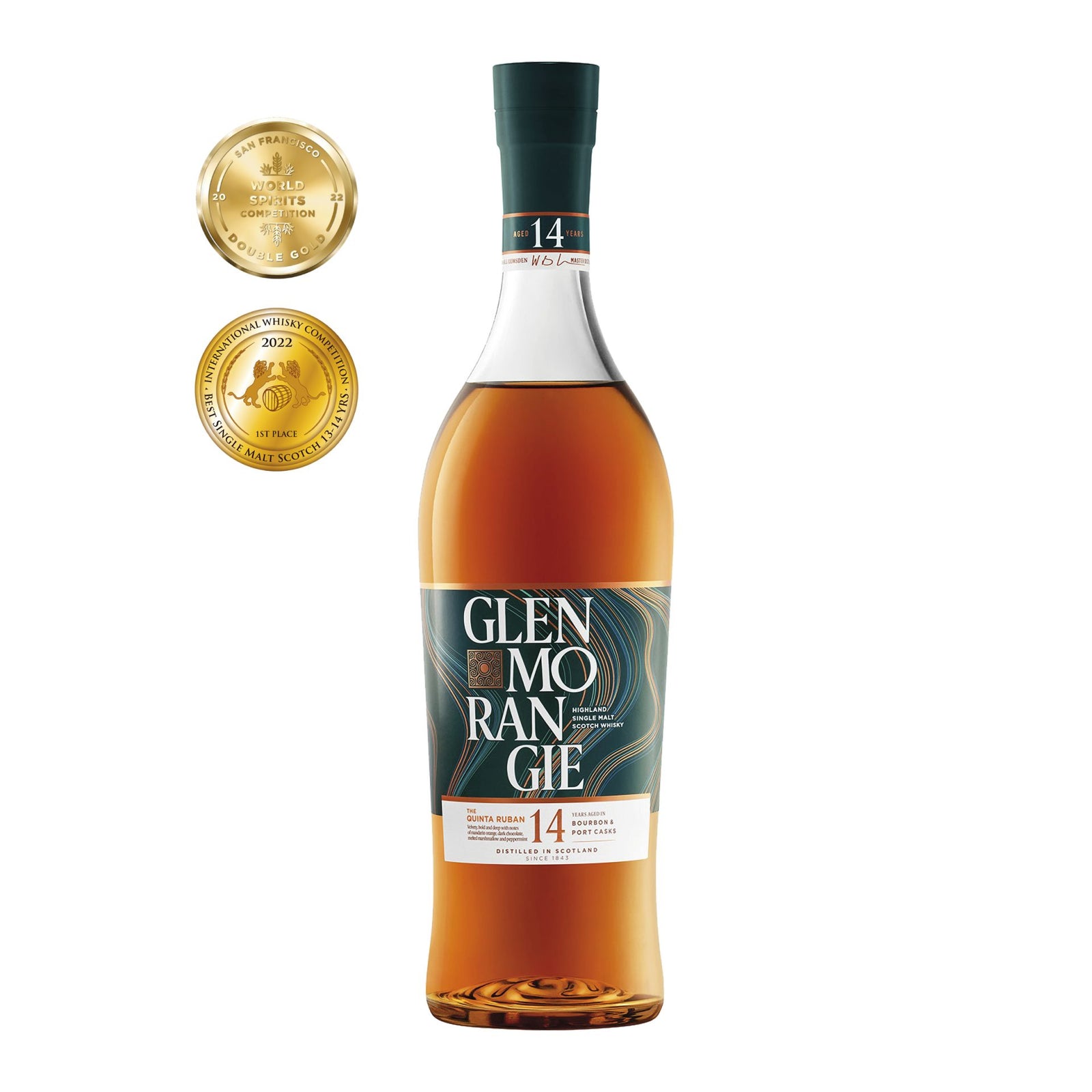 A bottle of Glenmorangie 14 Year Old Quinta Ruban Single Malt Scotch Whisky with a green label stands next to two gold award medals, showcasing this port cask finished whisky’s achievements in spirits competitions.
