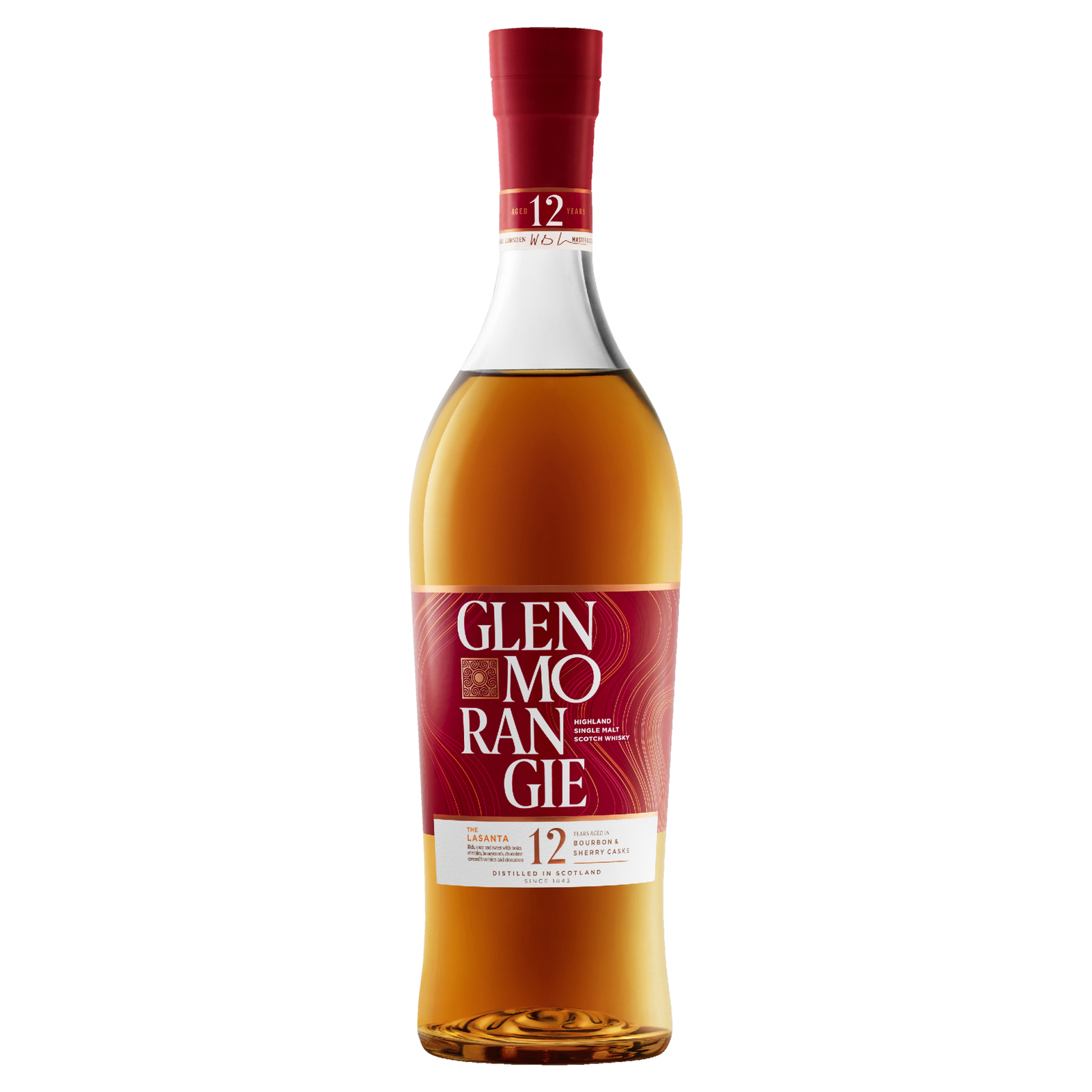 A bottle of Glenmorangie 12 Year Old Lasanta Single Malt Scotch Whisky, featuring a red and white label with a red cap and amber liquid, is shown against a plain white background.