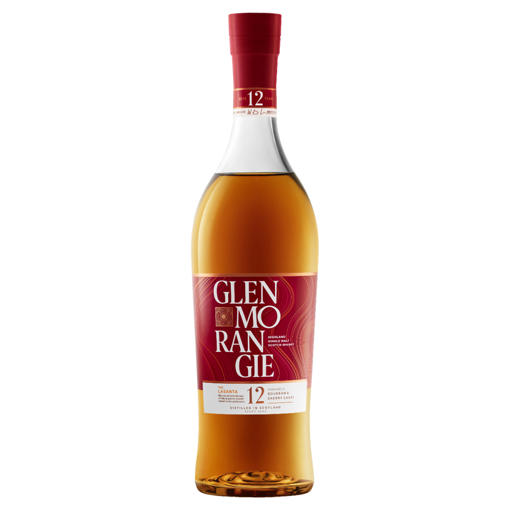A bottle of Glenmorangie 12 Year Old Lasanta Single Malt Scotch Whisky, featuring a red and white label with a red cap and amber liquid, is shown against a plain white background.