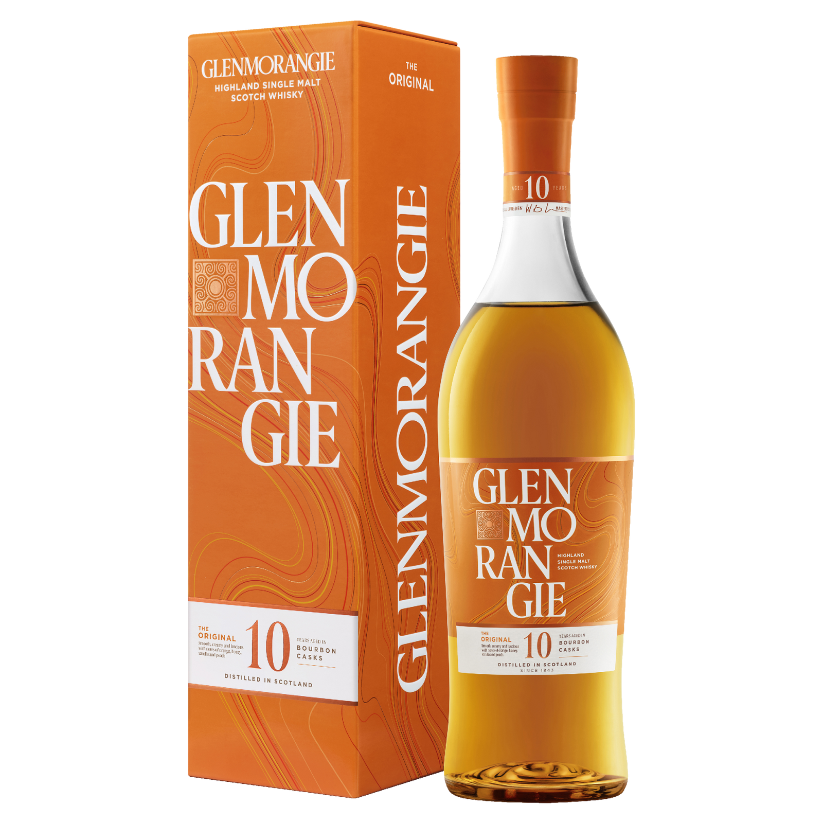 A bottle of Glenmorangie 10 Year Old Single Malt Scotch Whisky stands beside its orange box, both adorned with bold white lettering and swirl patterns.
