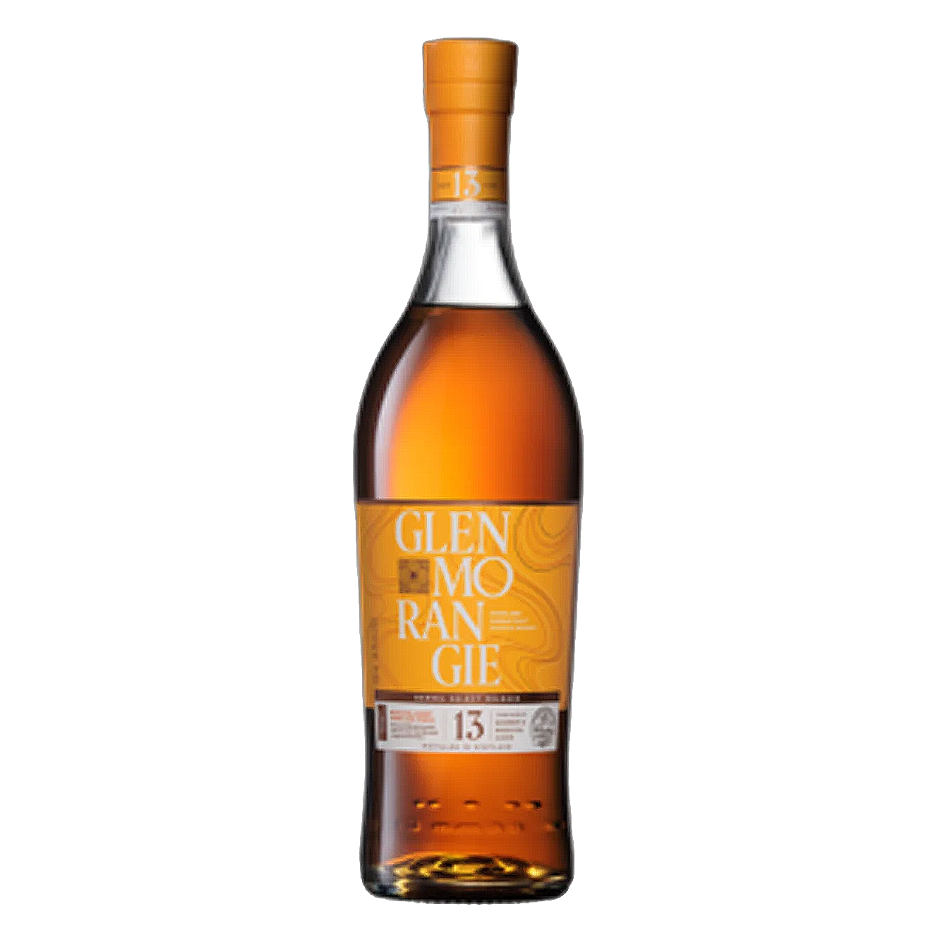 A bottle of Glen Morangie 13 Year Old single malt Scotch whisky, featuring a clear glass bottle filled with amber liquid, an orange cap, and a prominent orange label with white text, set against a plain white background.