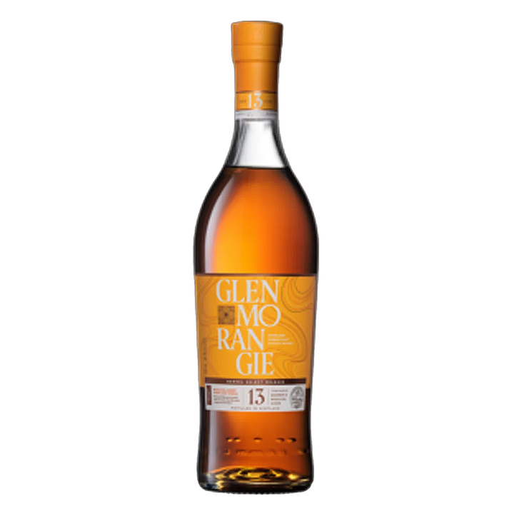 A bottle of Glen Morangie 13 Year Old single malt Scotch whisky, featuring a clear glass bottle filled with amber liquid, an orange cap, and a prominent orange label with white text, set against a plain white background.