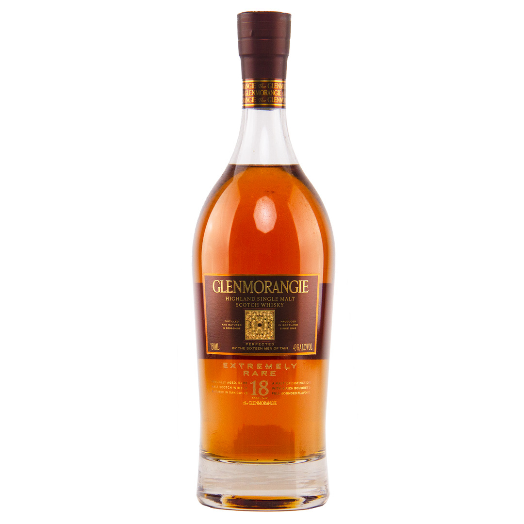 A bottle of Glenmorangie 18 Year Old Extremely Rare (Older Packaging) single malt Scotch whisky, featuring a brown label with gold lettering and amber spirit, is displayed against a white background.