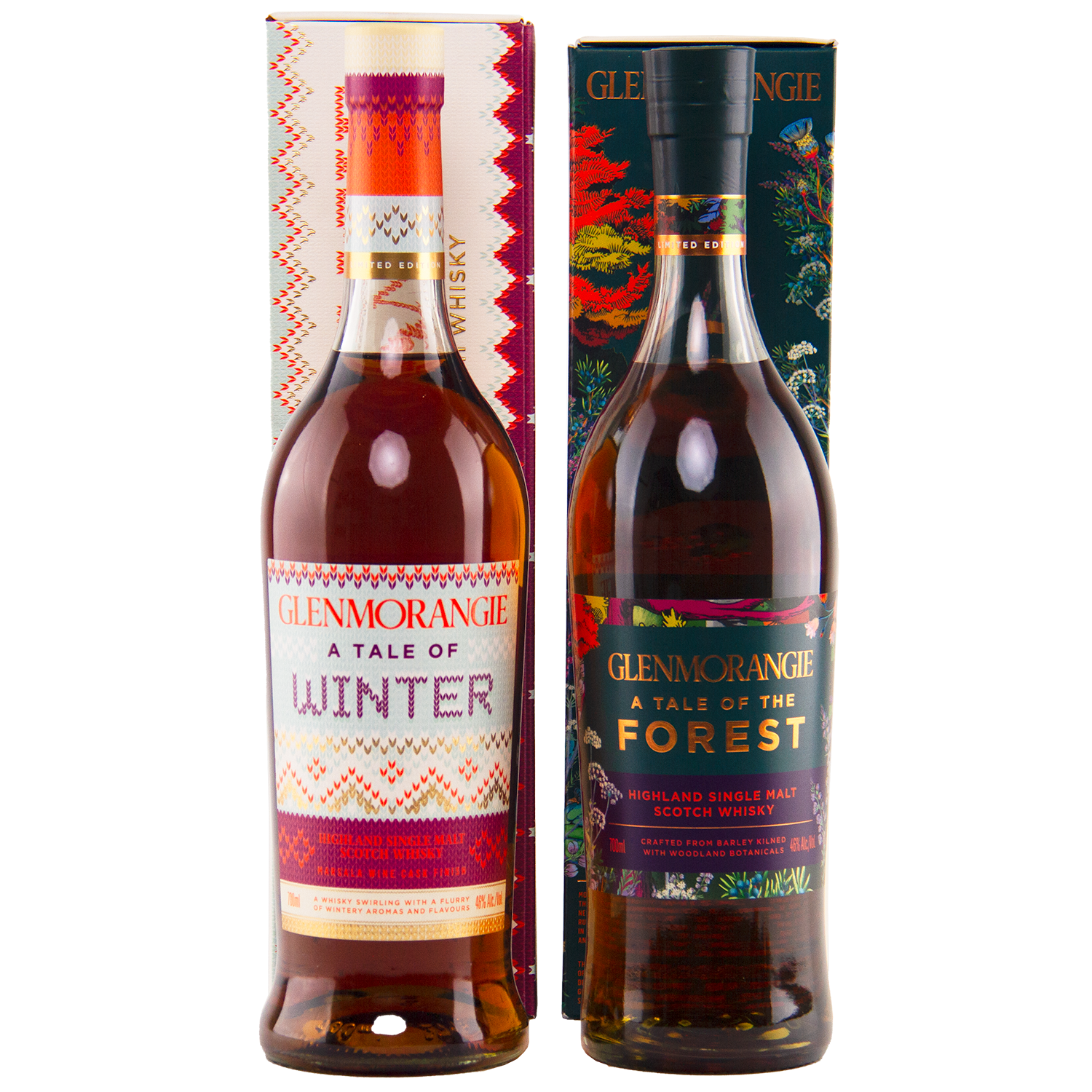 The Glenmorangie A Tale Limited Edition Duo features two single malts: A Tale of Winter, with a knit-inspired label, and A Tale of the Forest, in nature-themed packaging—both showcasing Glenmorangie’s creative special releases.