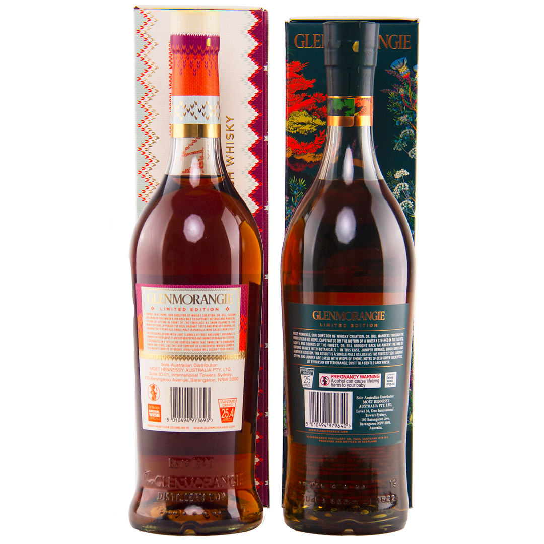 The Glenmorangie A Tale Limited Edition Duo features two bottles before vibrant boxes, each with detailed labels and decorative designs.