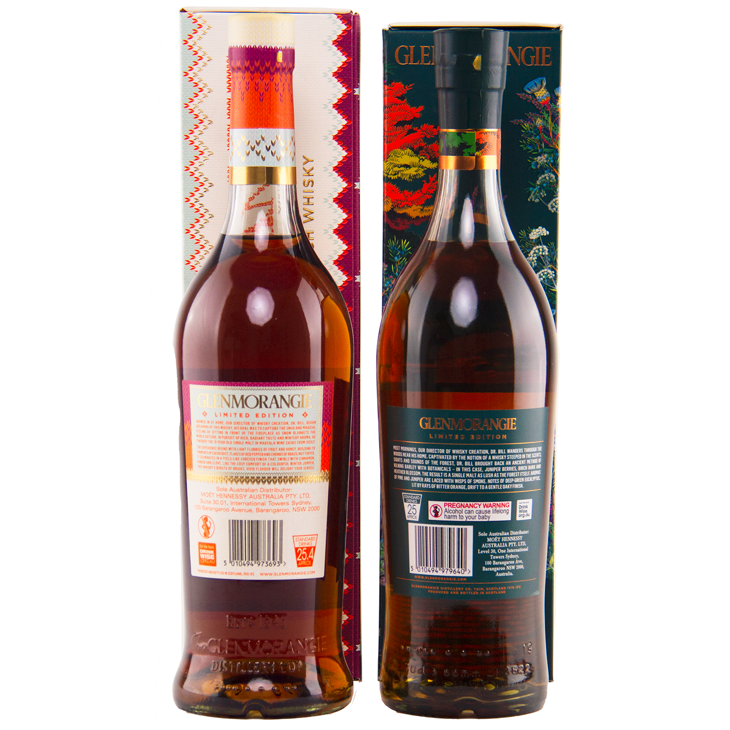 The Glenmorangie A Tale Limited Edition Duo features two bottles before vibrant boxes, each with detailed labels and decorative designs.