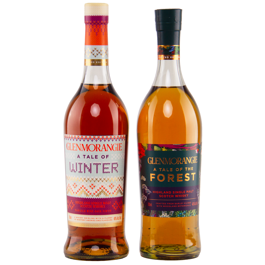 The Glenmorangie A Tale Limited Edition Duo includes two bottles: one with a knitted pattern design and the other featuring leaves and forest-inspired artwork.