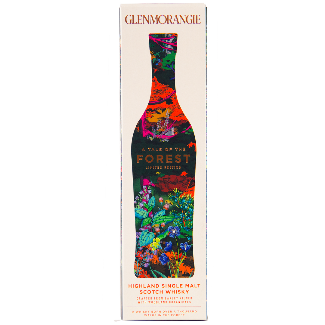 A rectangular box of Glenmorangie A Tale of Forest Limited Edition features a colorful forest-themed bottle silhouette on the front, with "Highland Single Malt Scotch Whisky" text below.