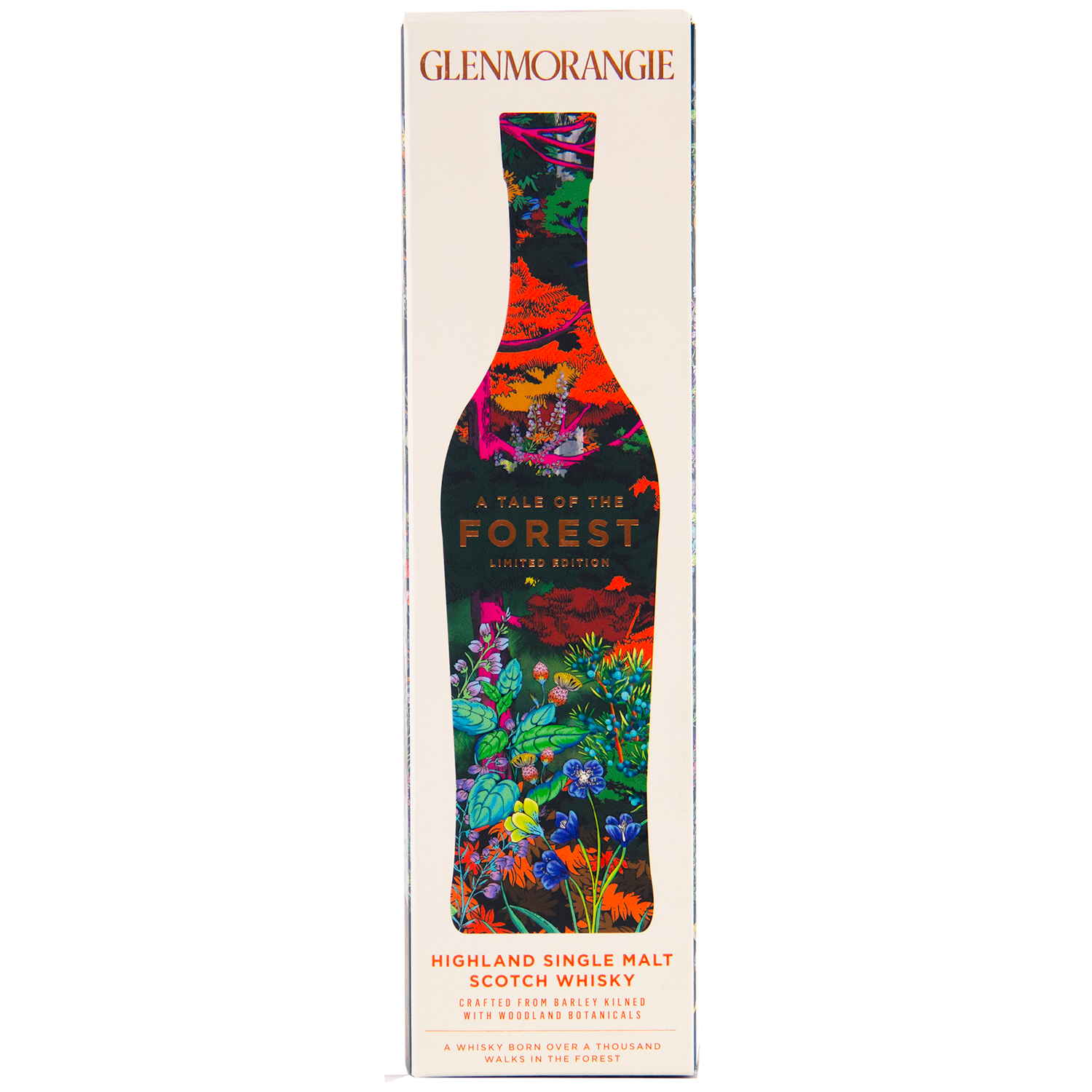 A rectangular box of Glenmorangie A Tale of Forest Limited Edition features a colorful forest-themed bottle silhouette on the front, with "Highland Single Malt Scotch Whisky" text below.