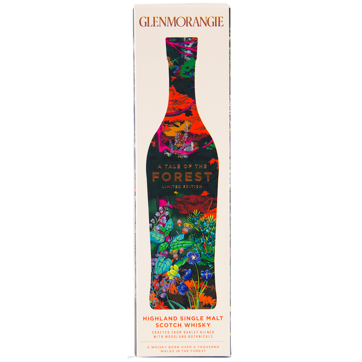 A rectangular box of Glenmorangie A Tale of Forest Limited Edition features a colorful forest-themed bottle silhouette on the front, with "Highland Single Malt Scotch Whisky" text below.