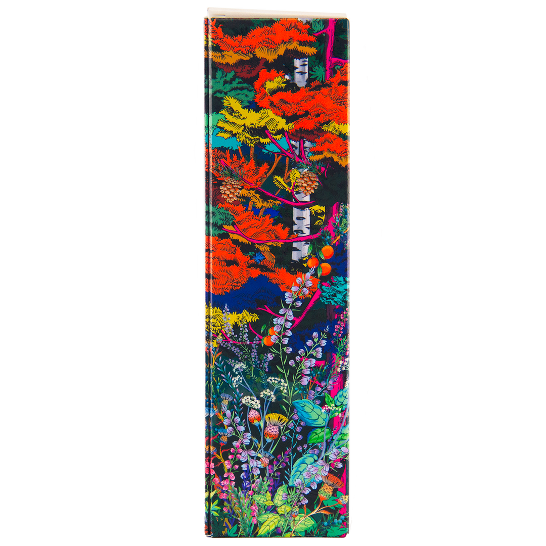 A tall rectangular box featuring vibrant, multicolored illustrations of flowers, plants, and trees captures the spirit of Glenmorangie A Tale of Forest Limited Edition whisky, set against a striking black background.